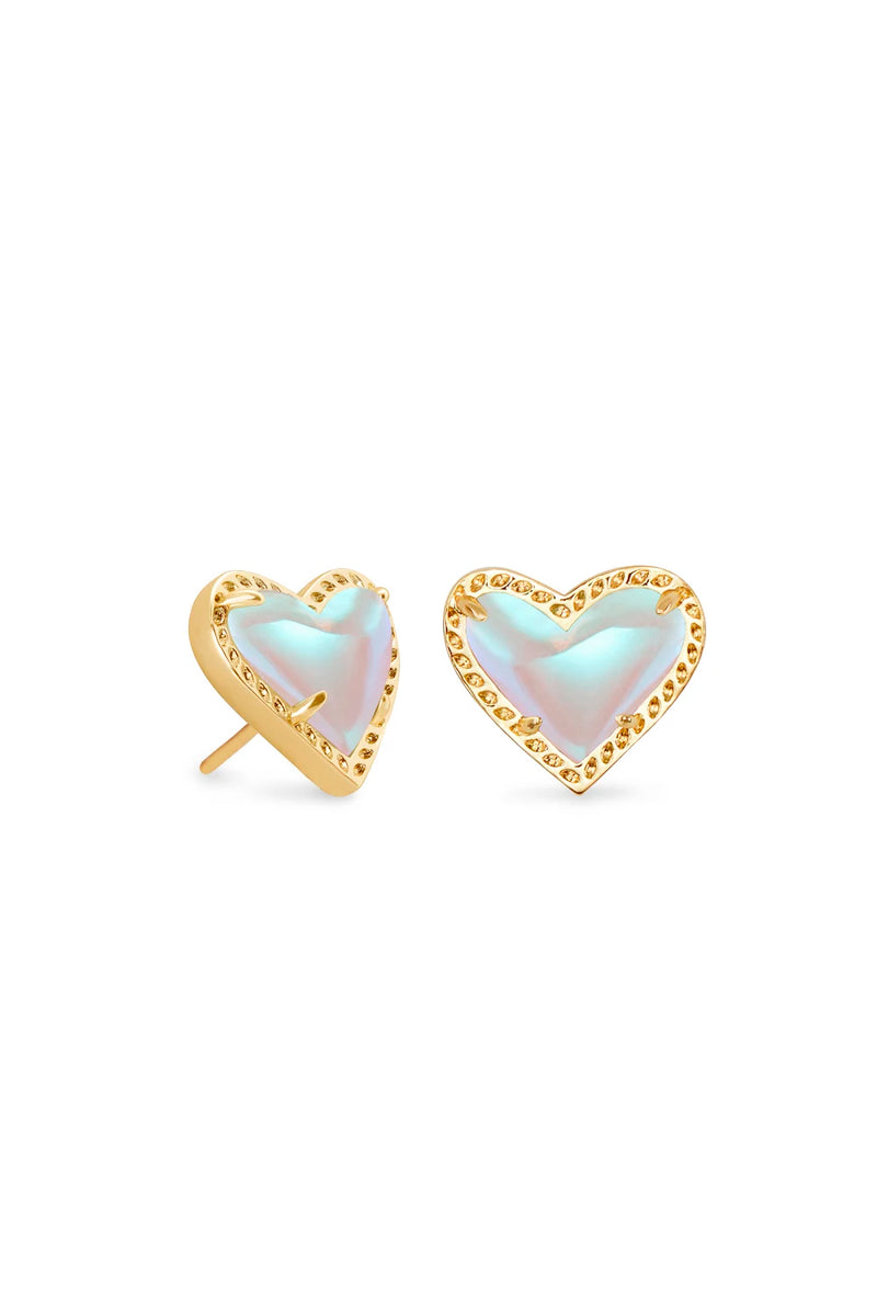 Kendra Scott: Ari Heart Gold Stud Earrings - Dichroic Glass | Makk Fashions