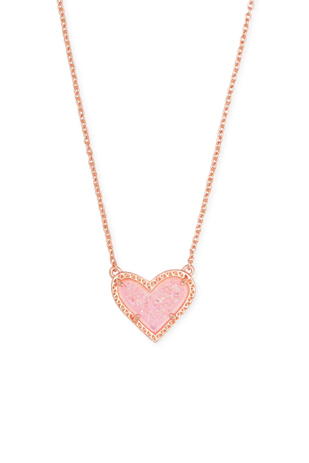 Kendra Scott: Ari Heart Rose Gold Pendant Necklace - Pink Drusy | Makk Fashions