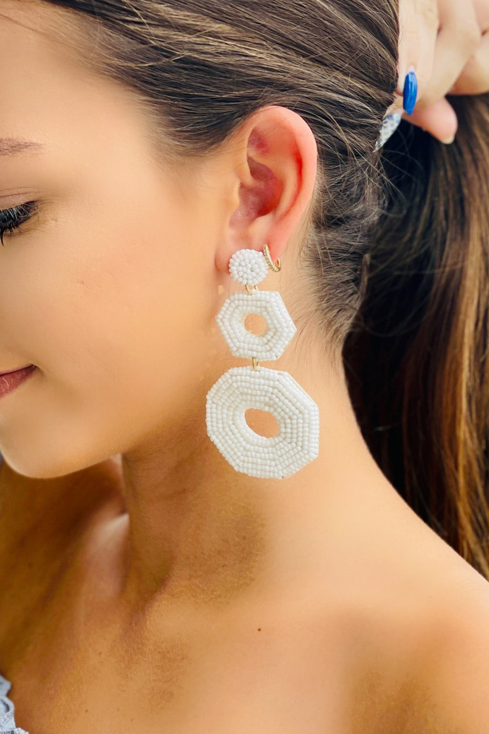 Bead Hexagon Link Earrings - White