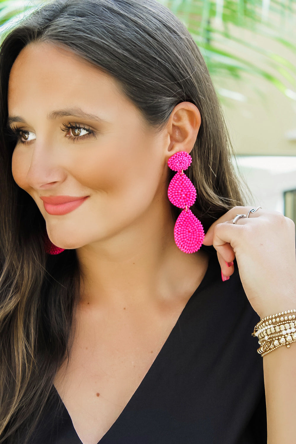 Bead & Disk Teardrop Earrings - Fuchsia | Makk Fashions