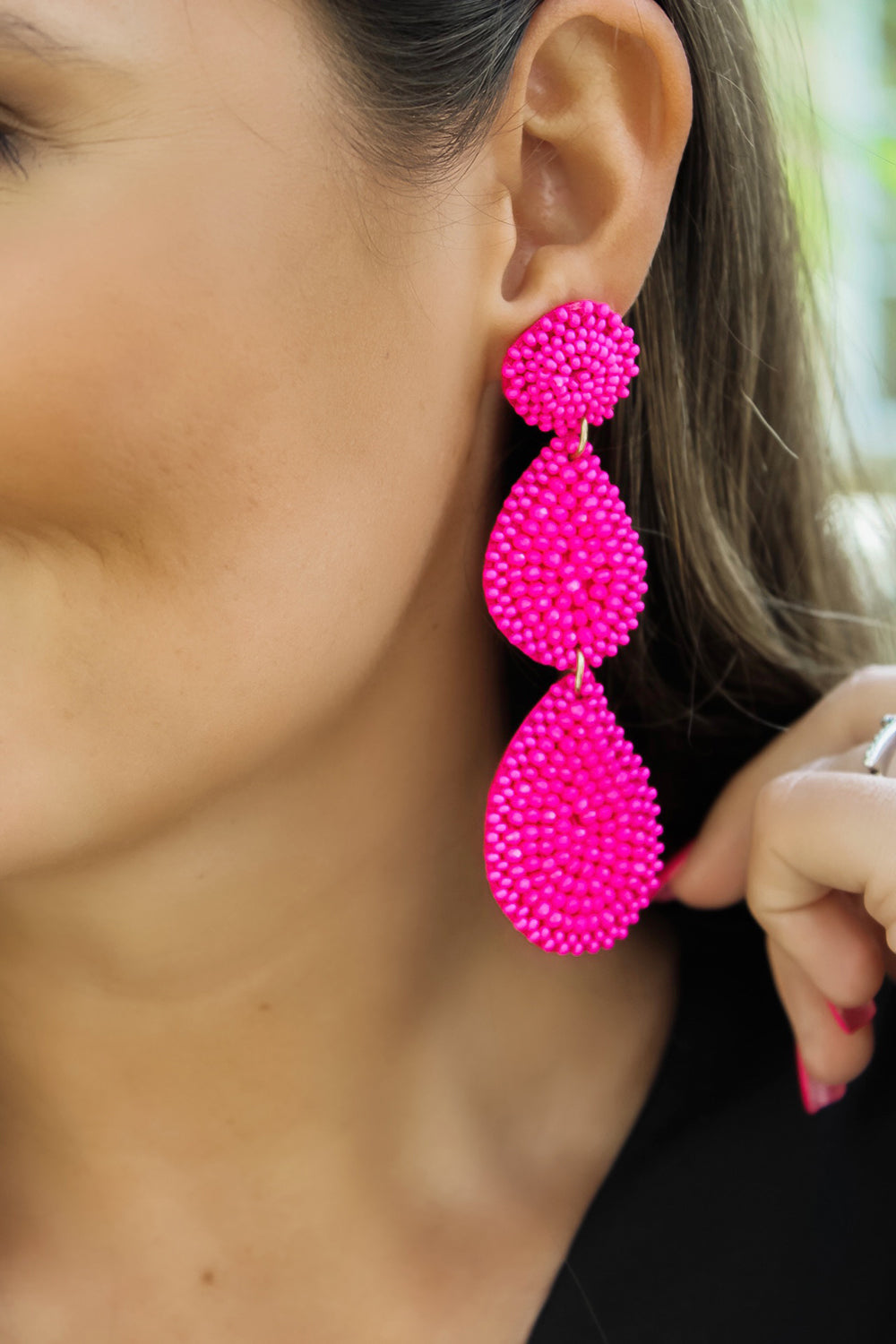 Bead & Disk Teardrop Earrings - Fuchsia | Makk Fashions