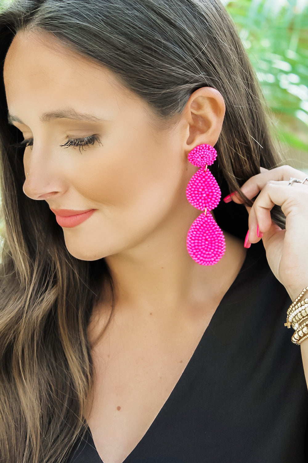 Bead & Disk Teardrop Earrings - Fuchsia | Makk Fashions