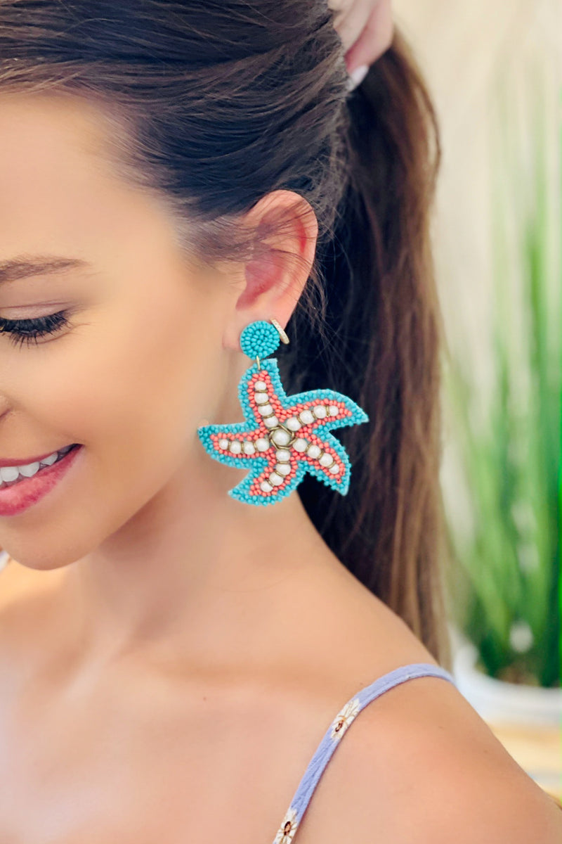 Beaded Starfish Earrings - Aqua