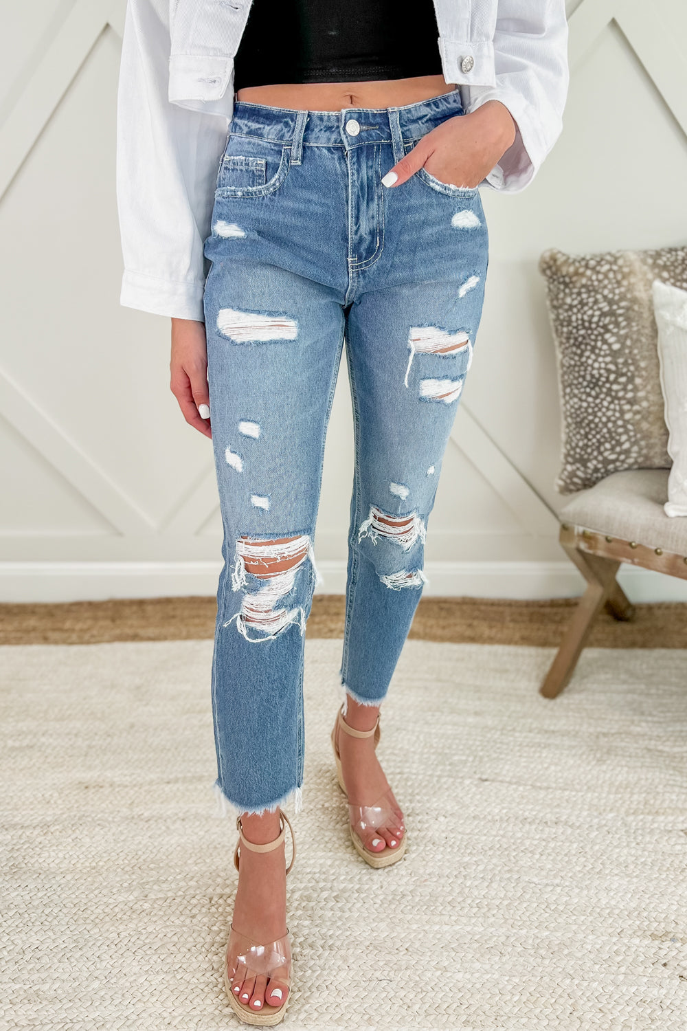 Billie Distressed Raw Hem Mom Jeans - Lt. Denim | Makk Fashions