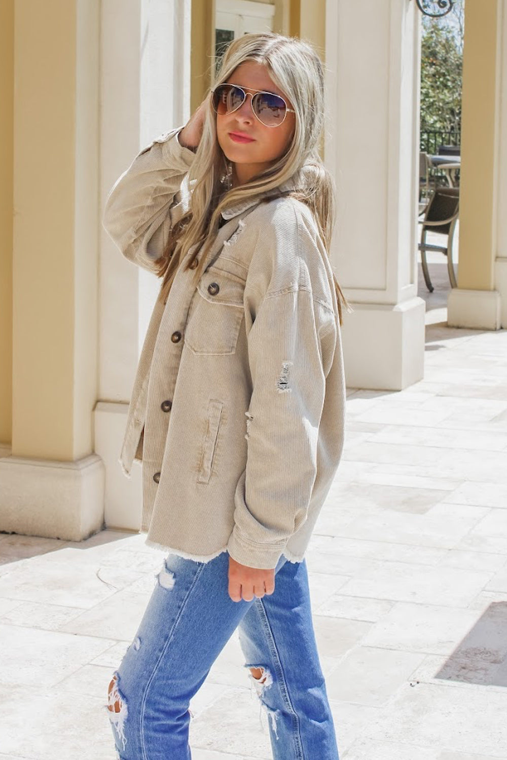 Casual Days Corduroy Distressed Shacket - Taupe | Makk Fashions