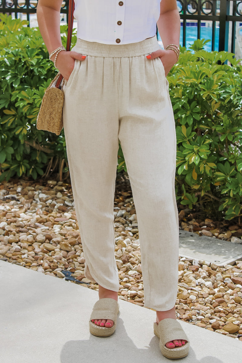 Casual Times Smocked Waist Linen Pants - Natural | Makk Fashions