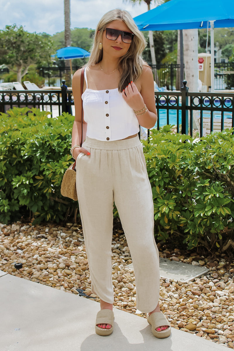 Casual Times Smocked Waist Linen Pants - Natural | Makk Fashions