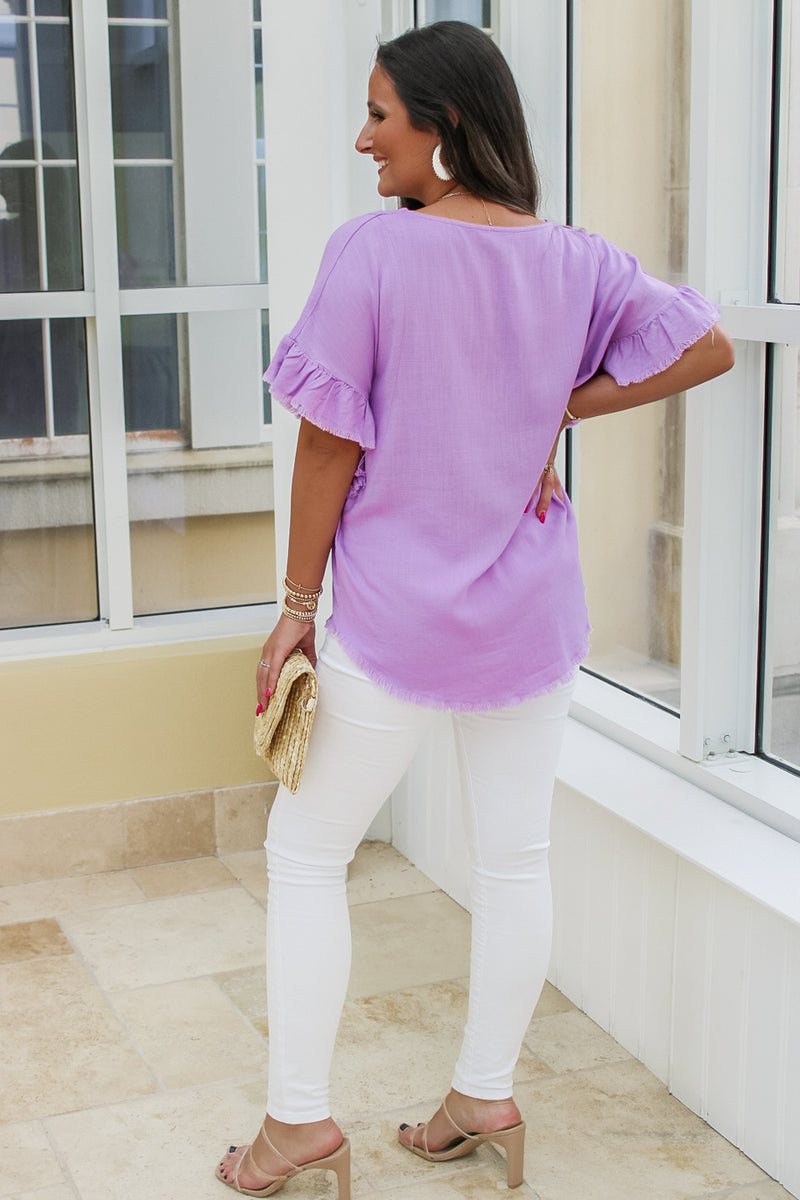 Colorful Springs Ruffle Sleeve Linen Top - Lavender | Makk Fashions