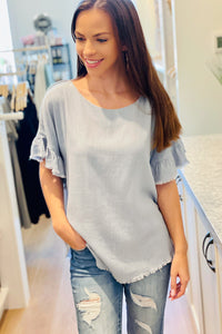 Colorful Springs Ruffle Sleeve Linen Top - Periwinkle