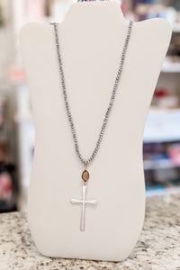 Cross Pendant Bead Necklace - Silver