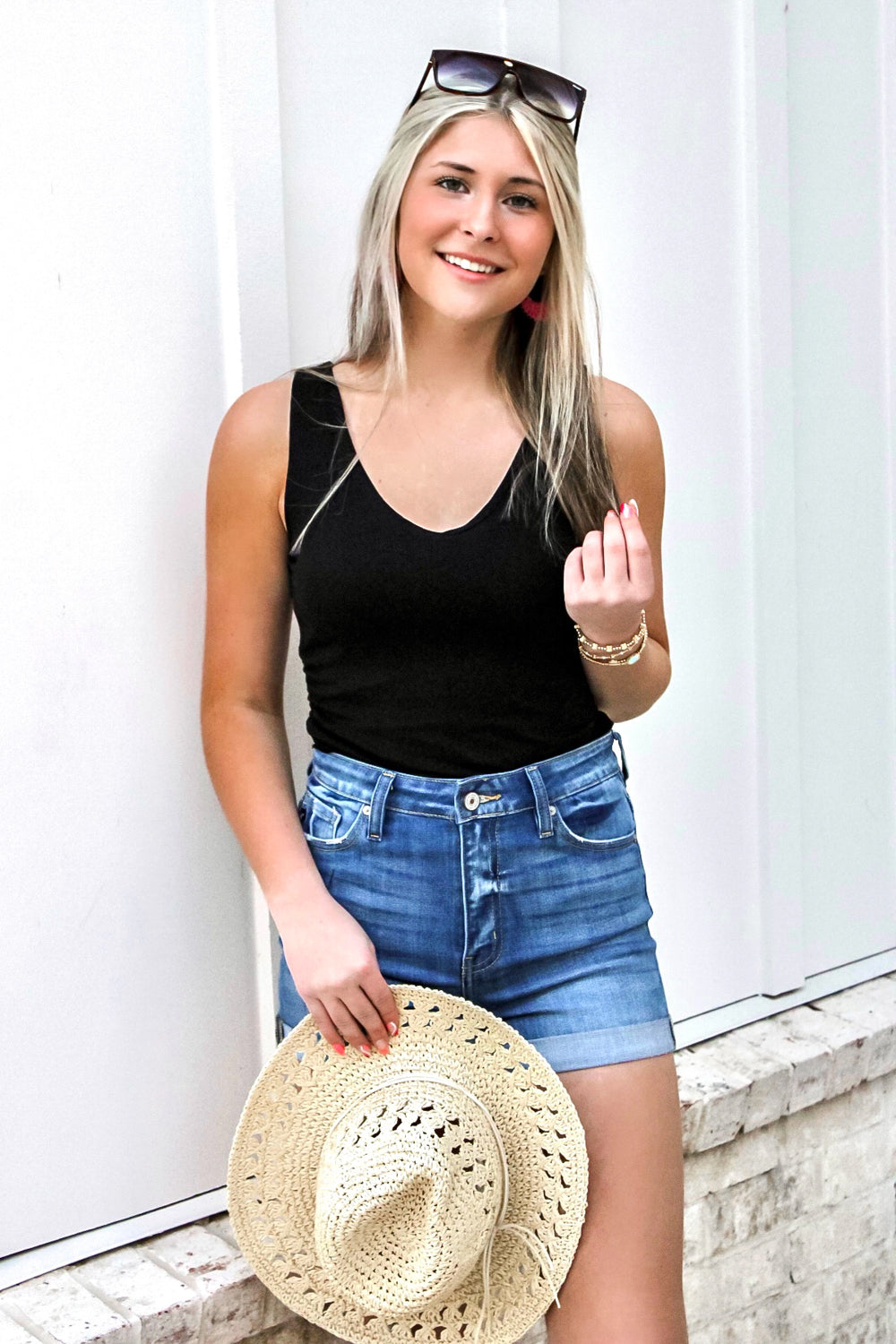 Daytime Fun V-Neck Ruched Tank Top - Black | Makk Fashions