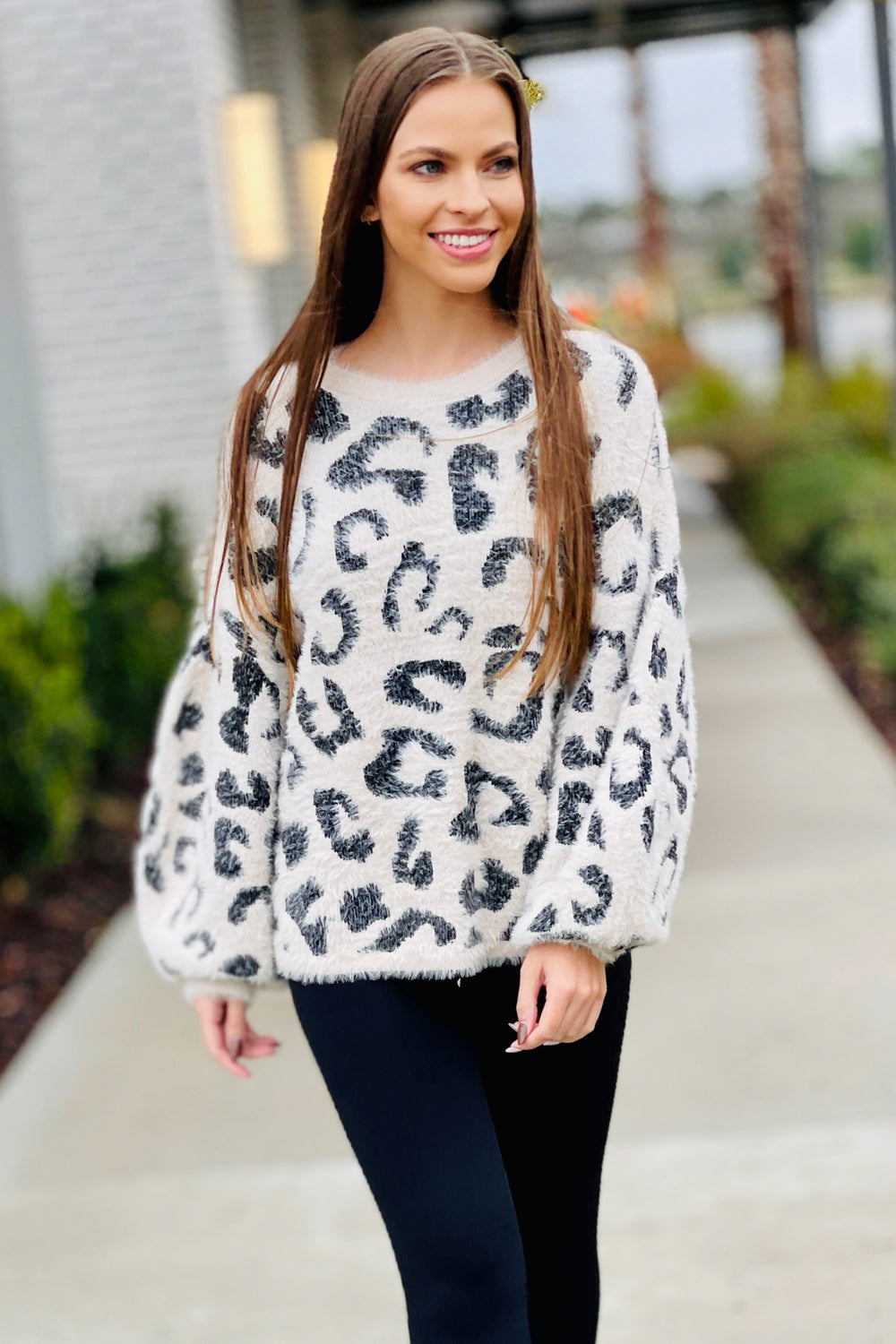 Hear Me Roar Leopard Print Balloon Sleeve Sweater - Oatmeal | Makk Fashions