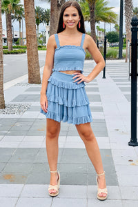 Here for the Thrills Smocked Ruffle Tiered Skirt - Blue