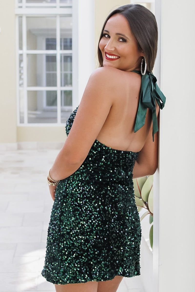 It's Party Time Sequin Cowl Neck Halter Dress - Emerald | Makk Fashions