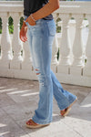 KanCan: Harlowe Mid Rise Distressed Flare Jeans - Medium Wash | Makk Fashions