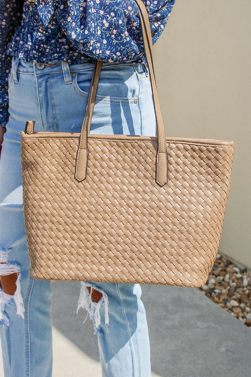 Lauryn Woven Leather Tote Bag - Taupe | Makk Fashions