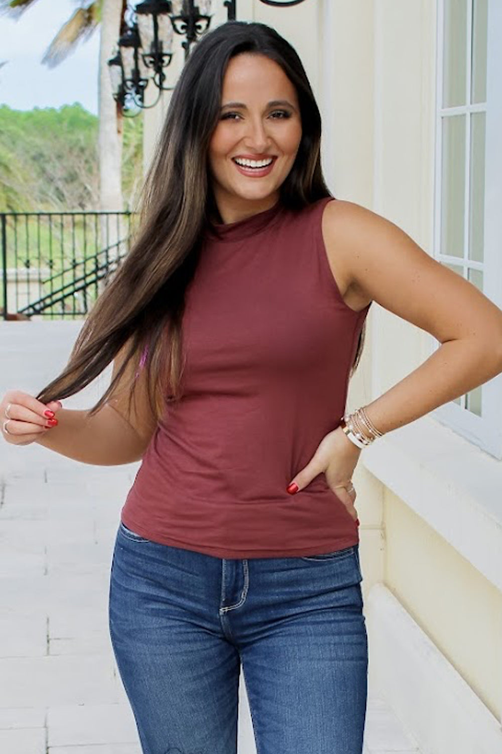 Leading The Way Mock Neck Top - Red Brown | Makk Fashions