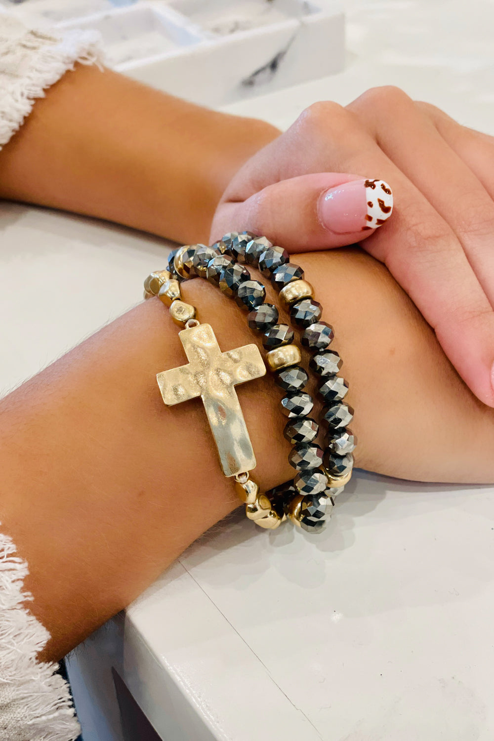 Multi Beads Cross Bracelet - Hematite | Makk Fashions