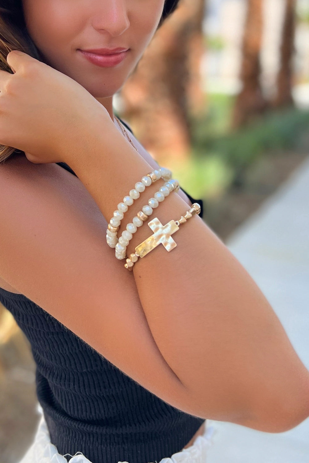 Multi Beads Cross Bracelet - Ivory | Makk Fashions