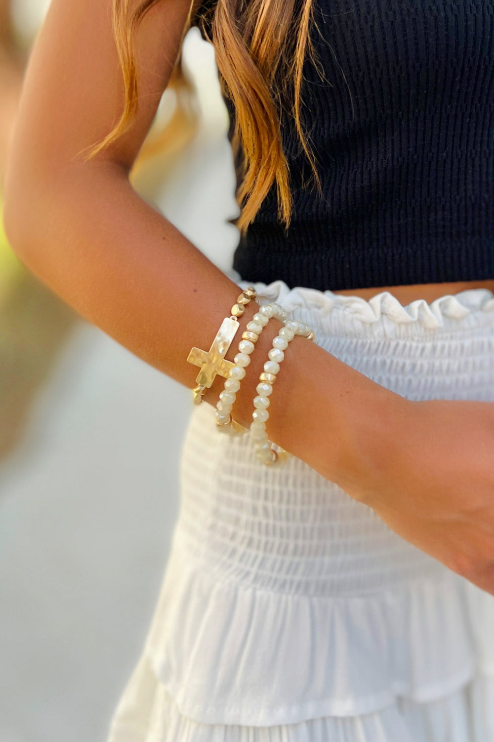 Multi Beads Cross Bracelet - Ivory | Makk Fashions