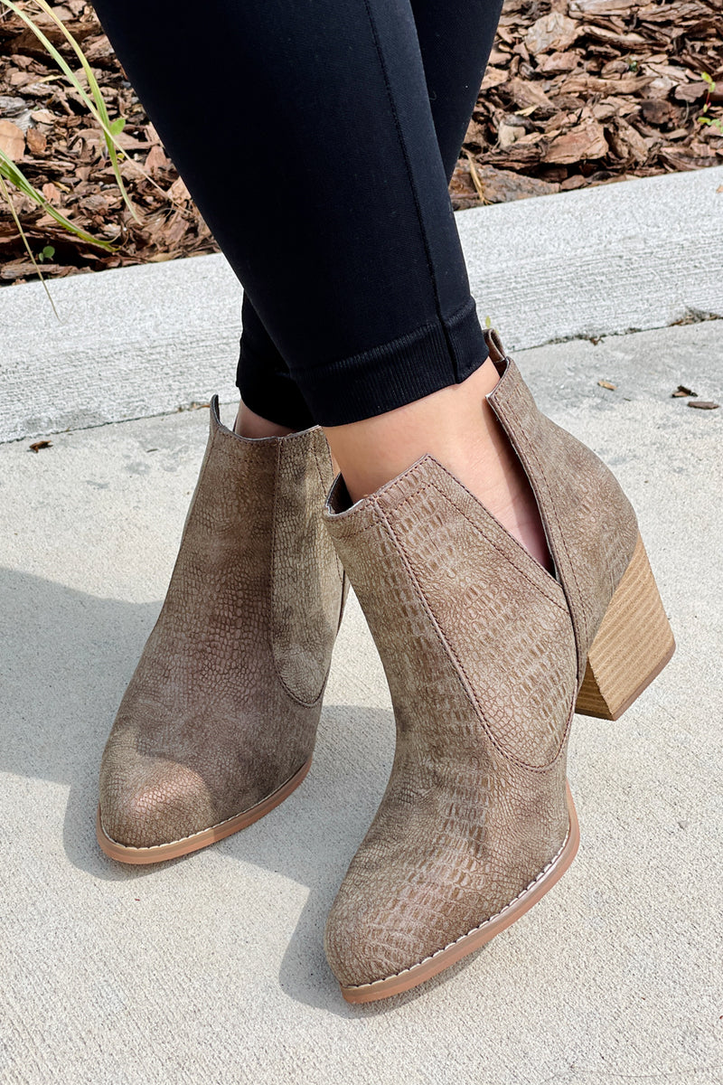 Not Rated: Shea V-Cut Snakeskin Booties - Tan | Makk Fashions
