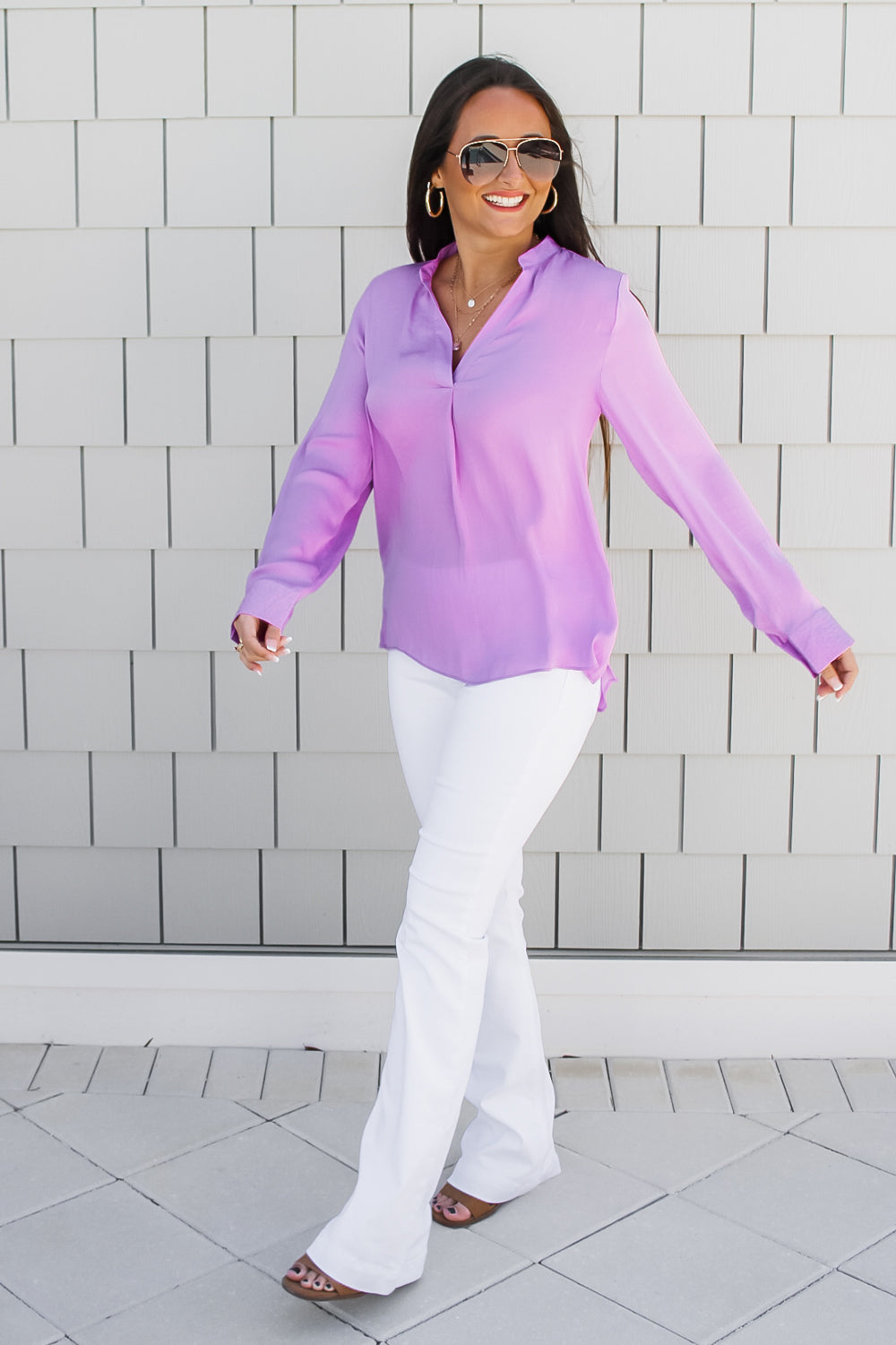 Perfectly Sweet Collar Band Long Sleeve Top - Lily Pad | Makk Fashions