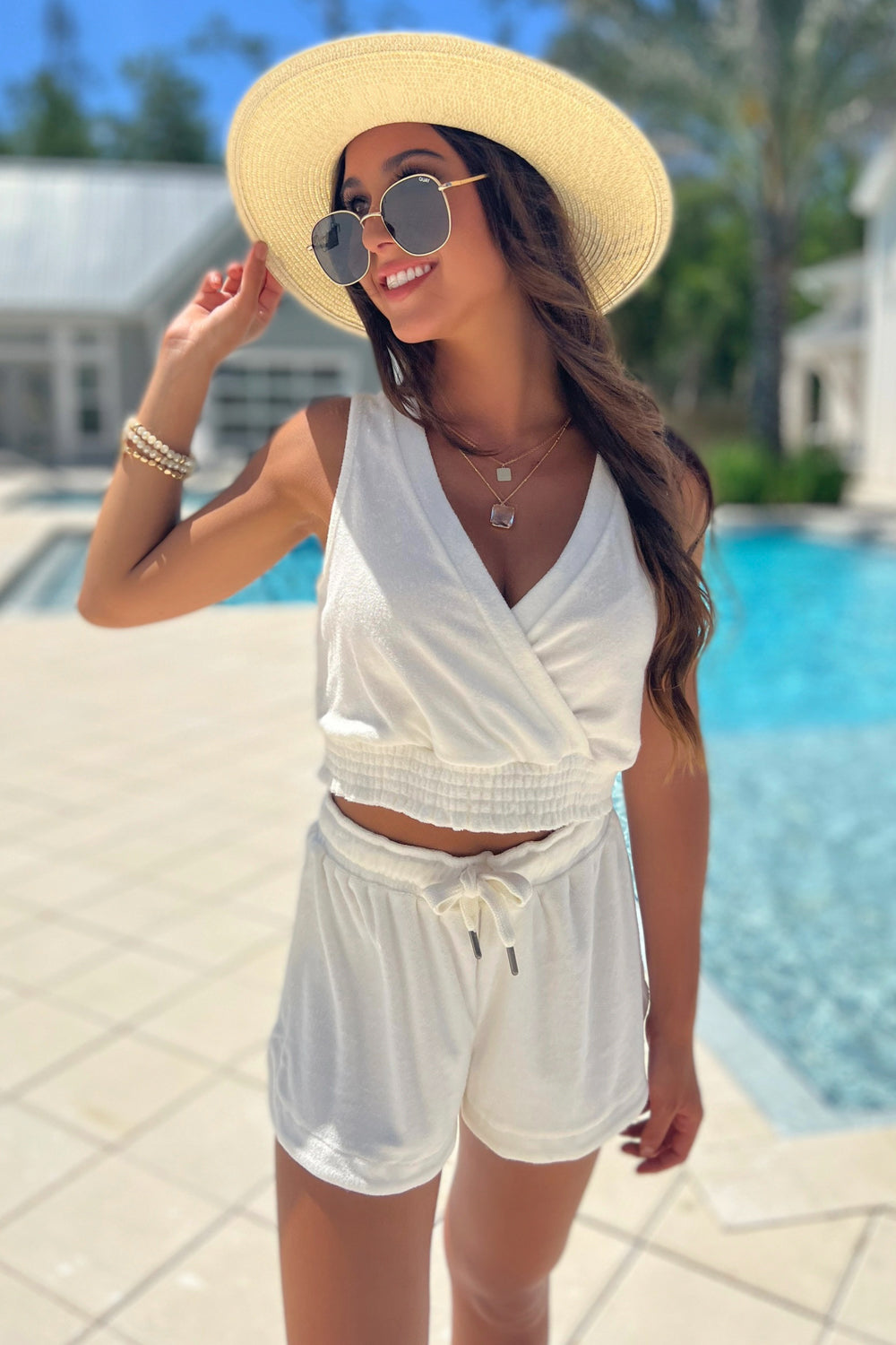 Pool Days Ahead Terry Cloth Surplice Top - White | Makk Fashions