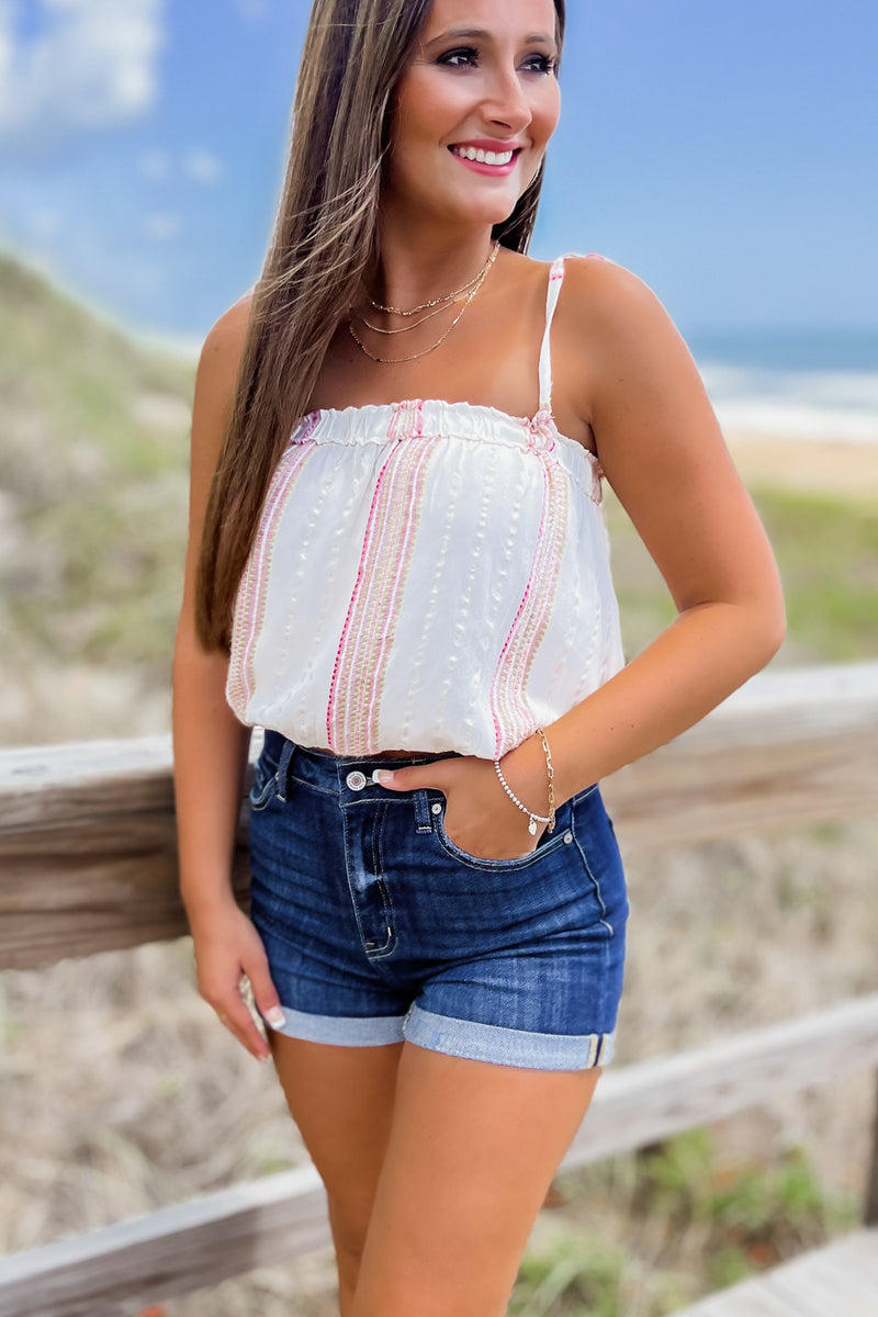 Shining Beauty Sleeveless Metallic Striped Crop Top - White/Rose | Makk Fashions