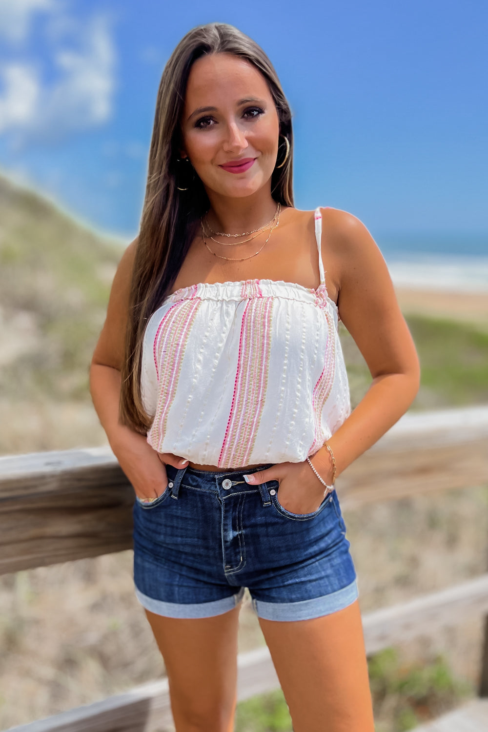 Shining Beauty Sleeveless Metallic Striped Crop Top - White/Rose | Makk Fashions