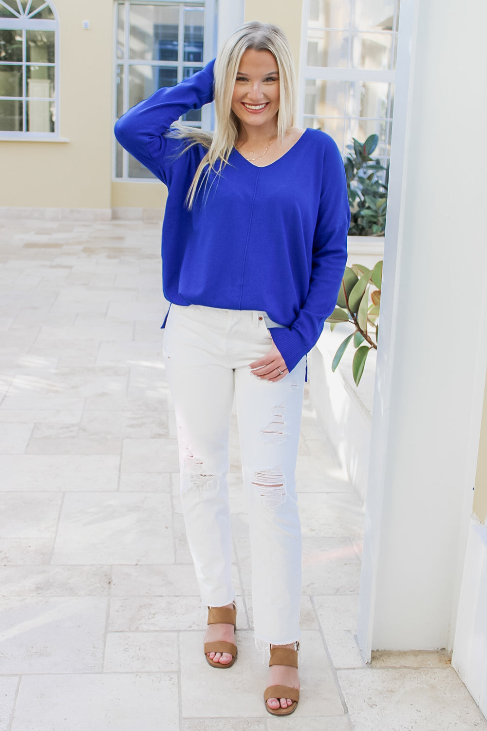 Soft & Cozy V-Neck Sweater - Heather Cobalt | Makk Fashions