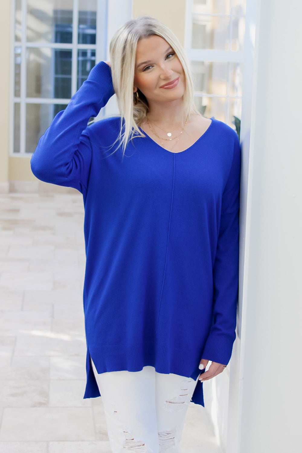 Soft & Cozy V-Neck Sweater - Heather Cobalt | Makk Fashions