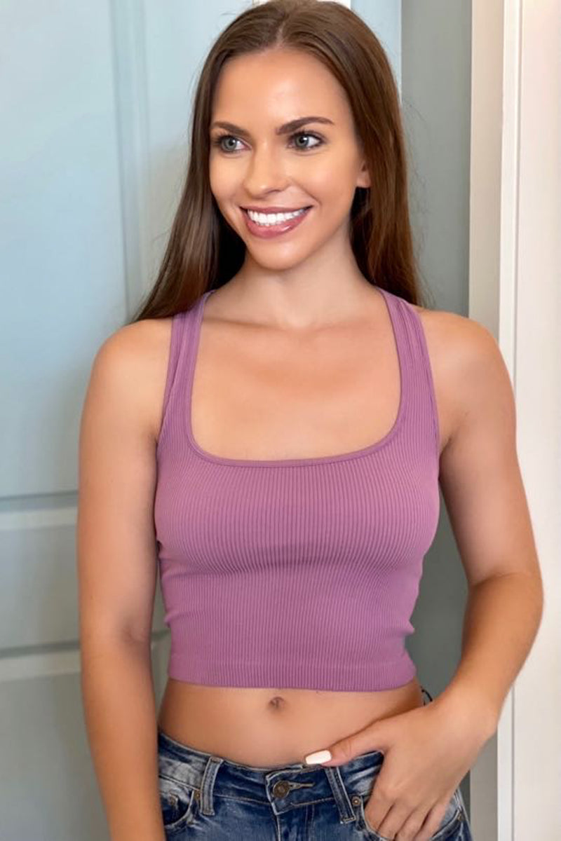 Square Neck Ribbed Racerback Crop Top - Orchid