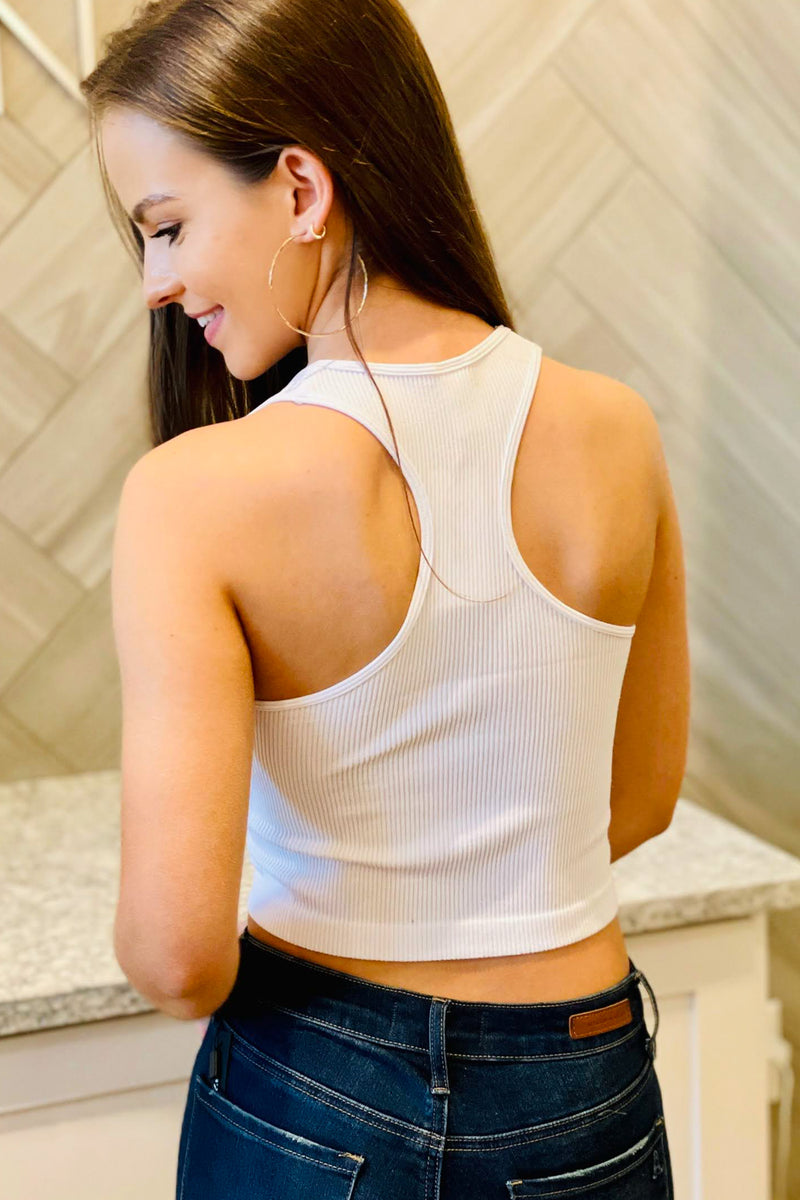 Square Neck Ribbed Racerback Crop Top - White