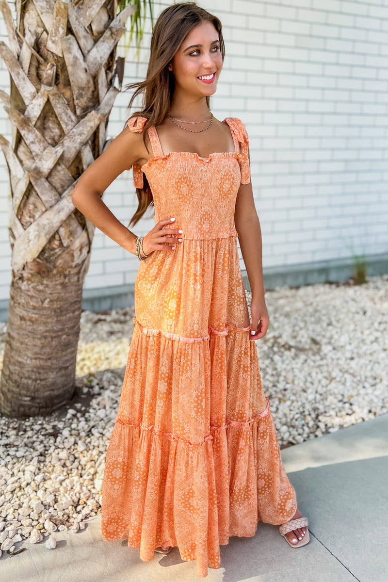 Summer Picnics Handkerchief Print Ruffle Tiered Maxi Dress - Orange | Makk Fashions