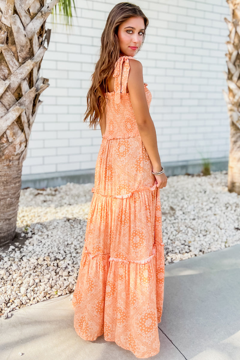 Summer Picnics Handkerchief Print Ruffle Tiered Maxi Dress - Orange | Makk Fashions