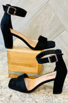The Audrey Ankle Strap Suede Heel - Black | Makk Fashions