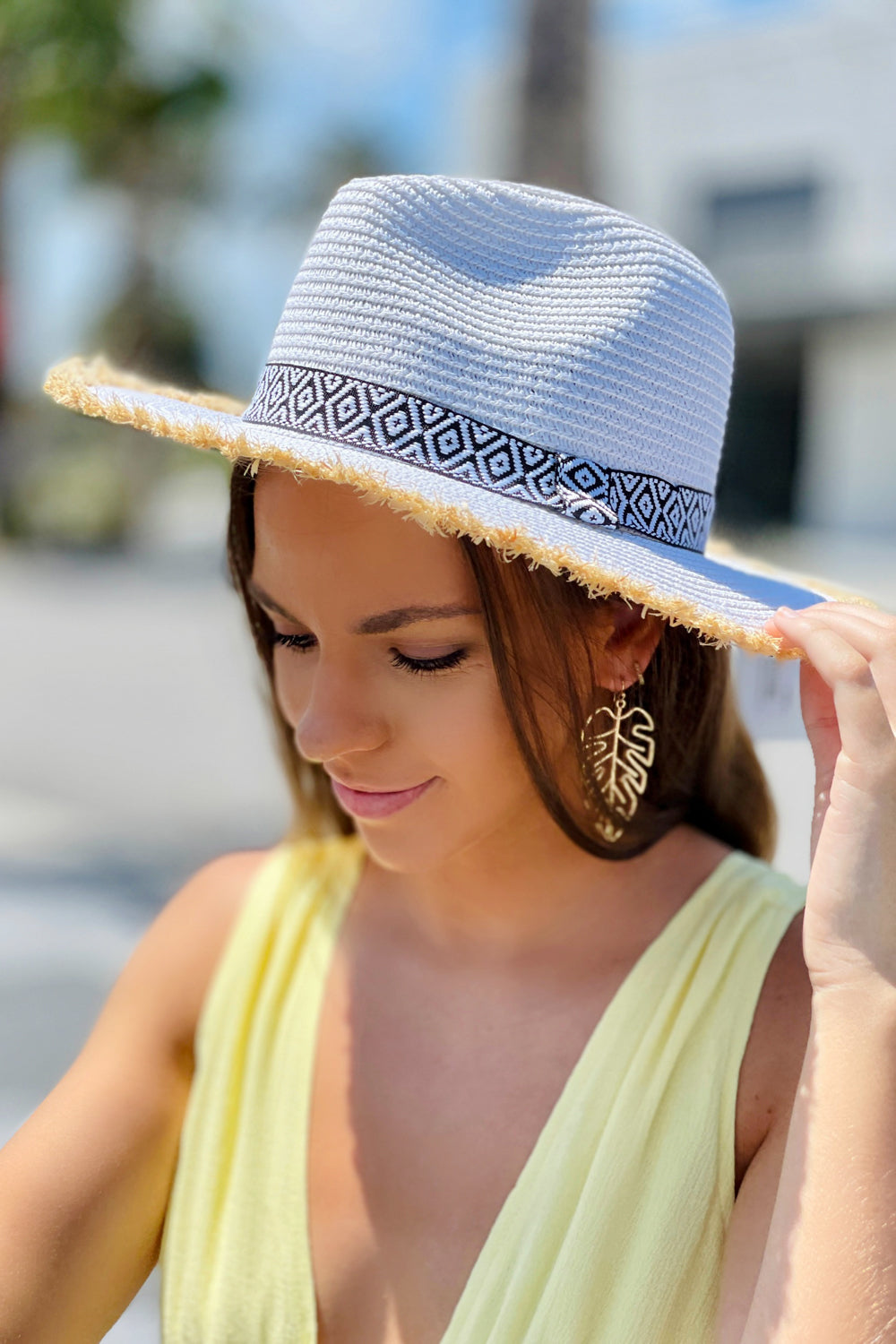 The Caroline Frayed Aztec Straw Hat - White | Makk Fashions