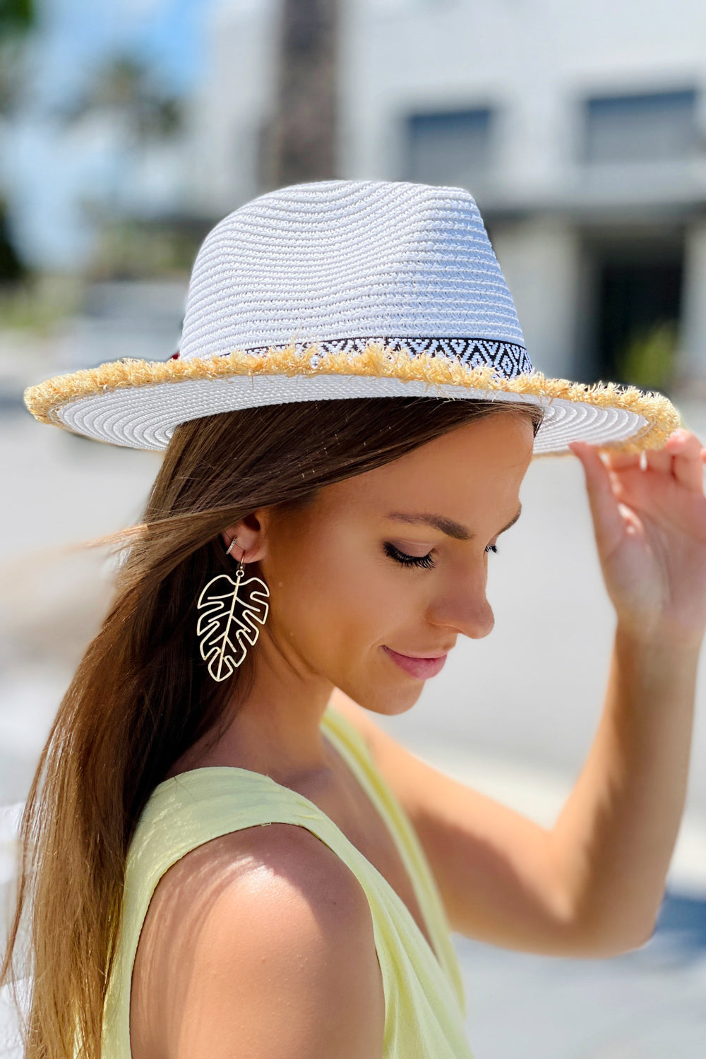 The Caroline Frayed Aztec Straw Hat - White | Makk Fashions