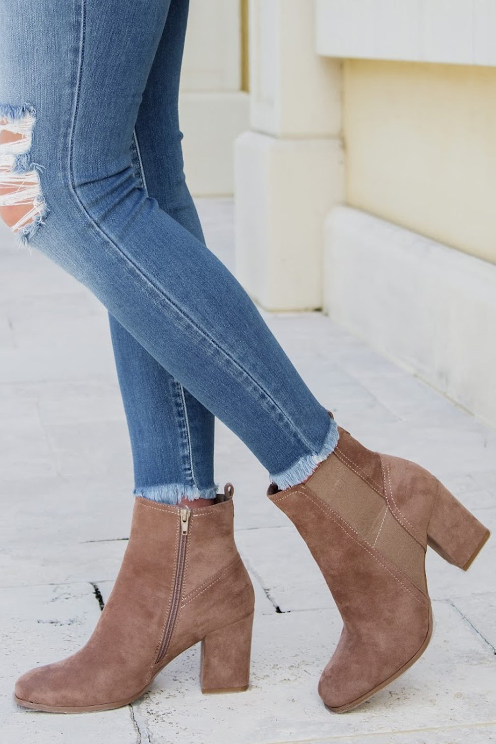 The Samantha Square Toe Suede Booties - Taupe | Makk Fashions