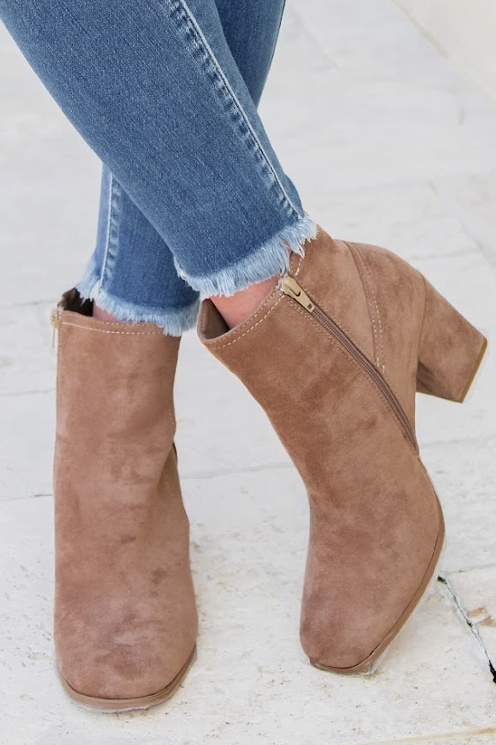 The Samantha Square Toe Suede Booties - Taupe | Makk Fashions