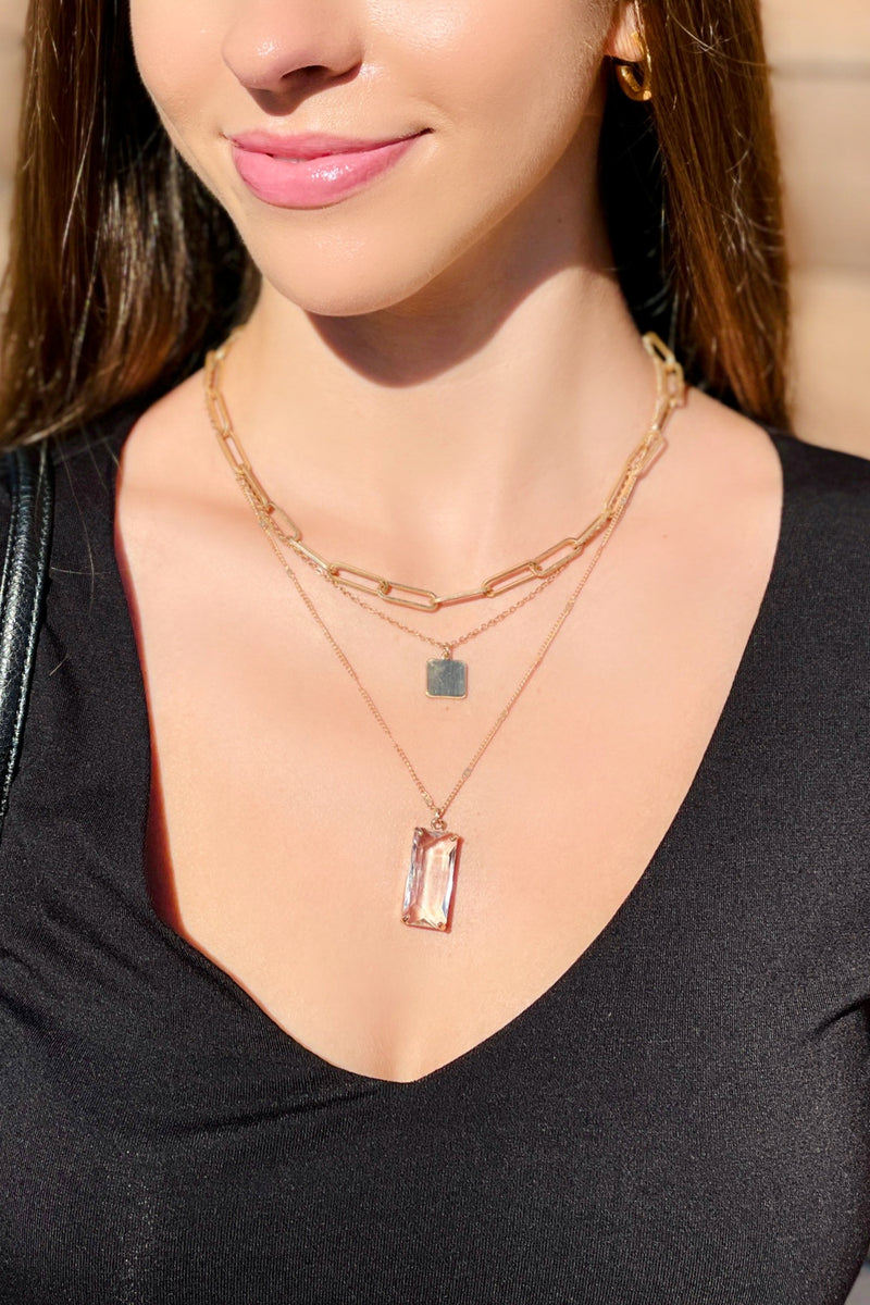 Triple Layer Diamond Stone Necklace - Clear | Makk Fashions