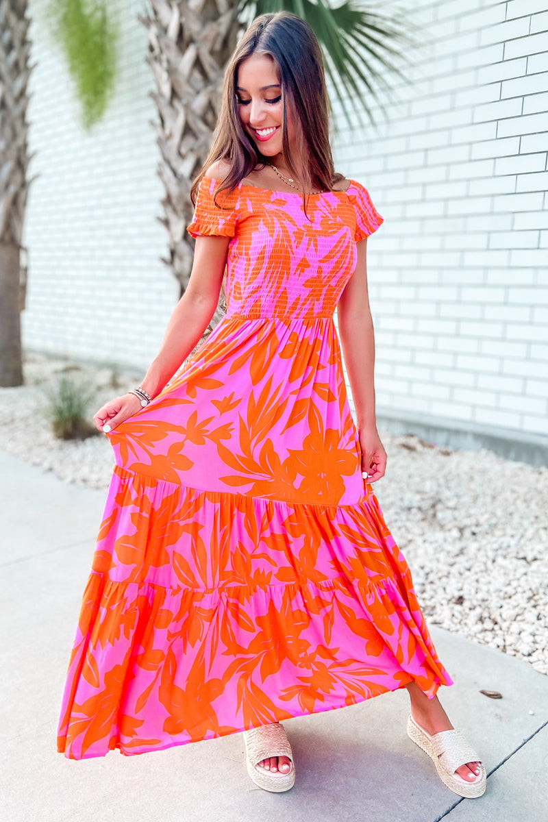 Turning Heads Leaf Print Off-Shoulder Ruffle Tiered Maxi Dress - Pink/Orange | Makk Fashions