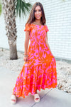 Turning Heads Leaf Print Off-Shoulder Ruffle Tiered Maxi Dress - Pink/Orange | Makk Fashions