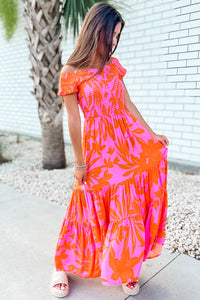 Turning Heads Leaf Print Off-Shoulder Ruffle Tiered Maxi Dress - Pink/Orange | Makk Fashions