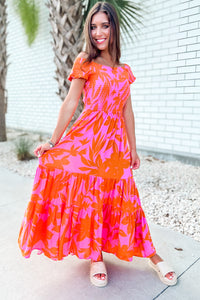 Turning Heads Leaf Print Off-Shoulder Ruffle Tiered Maxi Dress - Pink/Orange | Makk Fashions