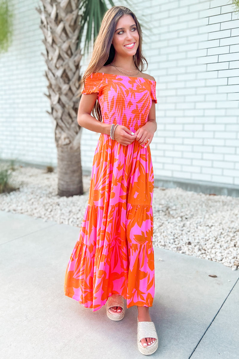 Turning Heads Leaf Print Off-Shoulder Ruffle Tiered Maxi Dress - Pink/Orange | Makk Fashions