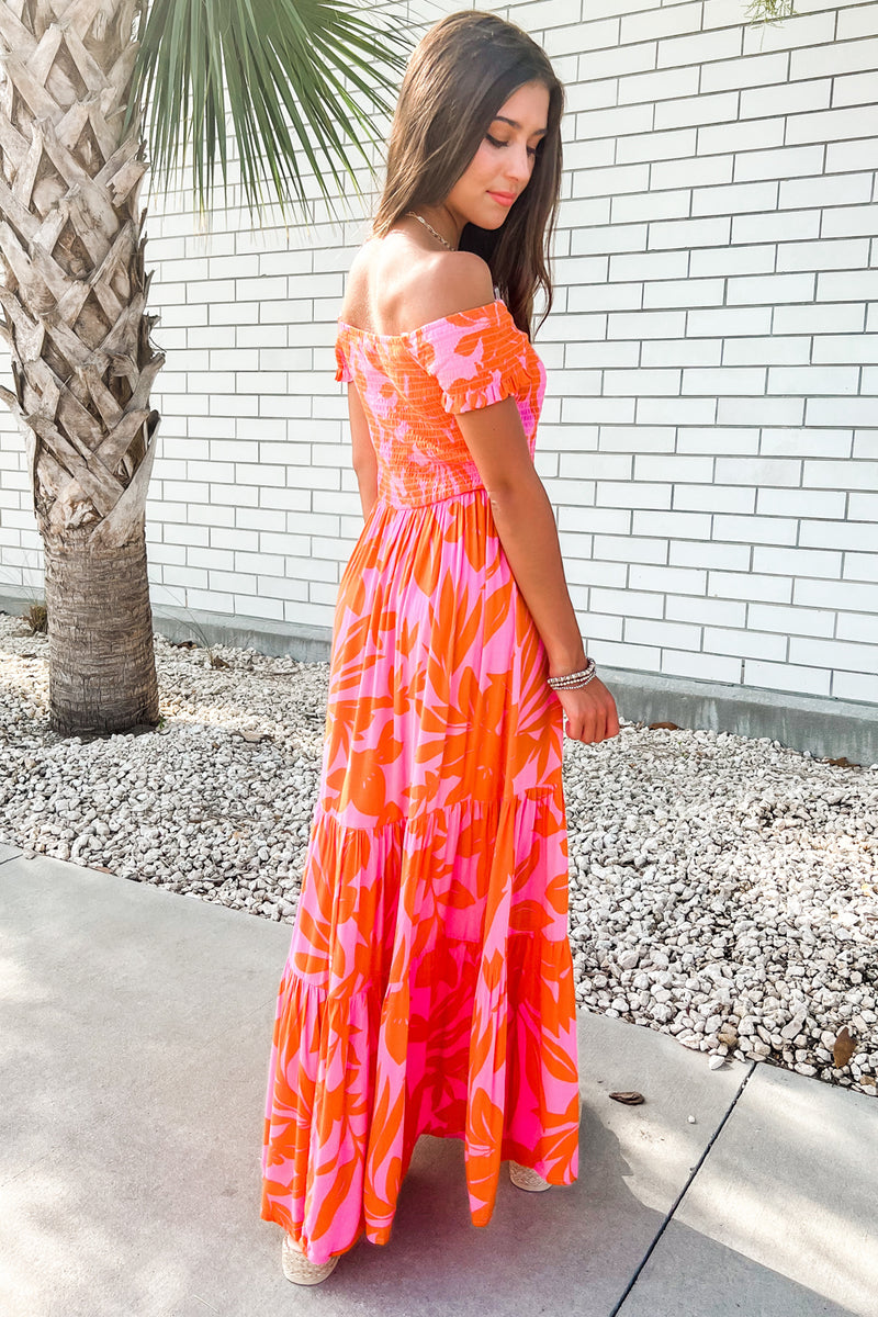 Turning Heads Leaf Print Off-Shoulder Ruffle Tiered Maxi Dress - Pink/Orange | Makk Fashions
